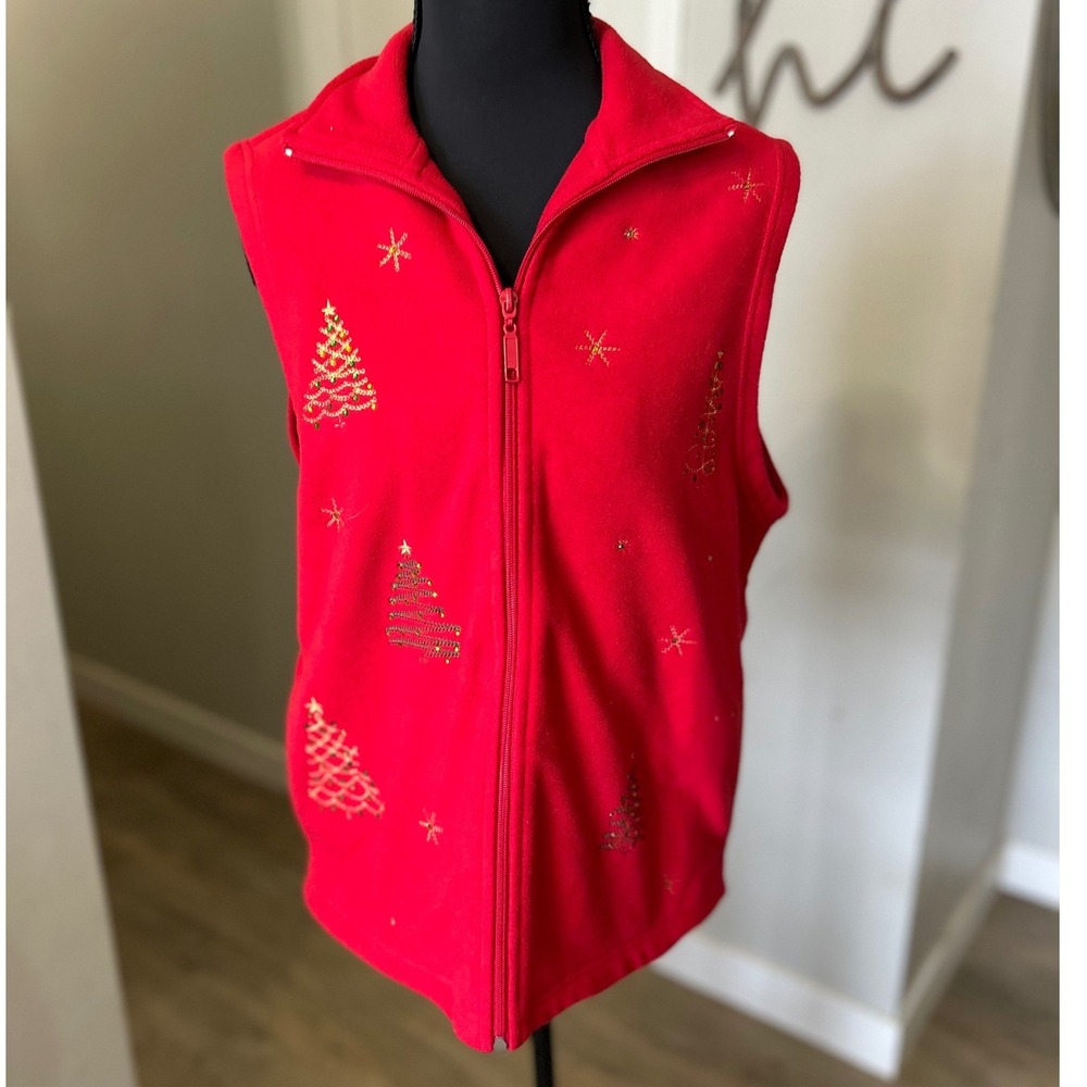 Drapers & Damons Petites Small Red Fleece Vest Christmas Trees Snowflakes Zip Up